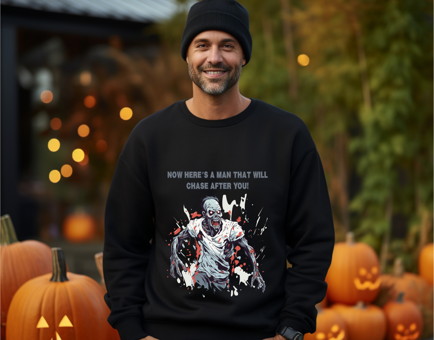 Explore our bewitching collection of Halloween sweatshirts, showcasing the mysterious allure of a zombie on the front.