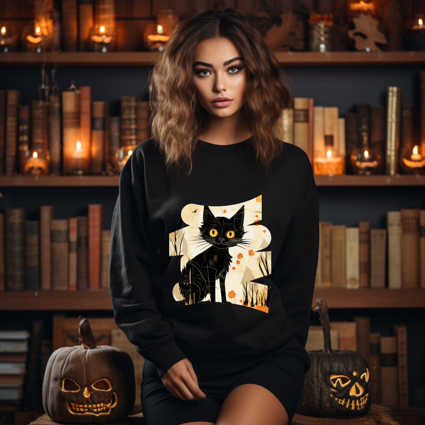 Explore our bewitching collection of Halloween sweatshirts, showcasing the mysterious allure of a black cat on the front.Sh