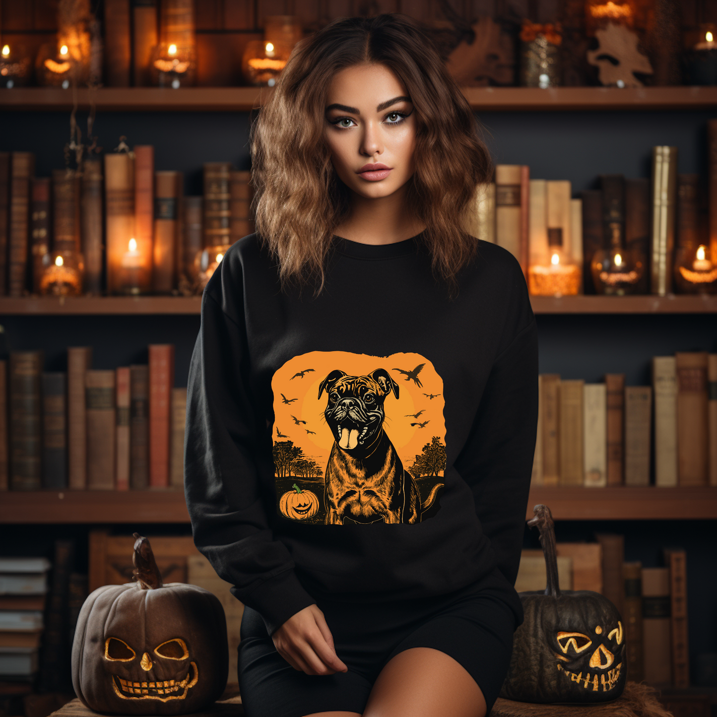 Explore our bewitching collection of Halloween sweatshirts, showcasing the mysterious allure of a boxer dog on the front.