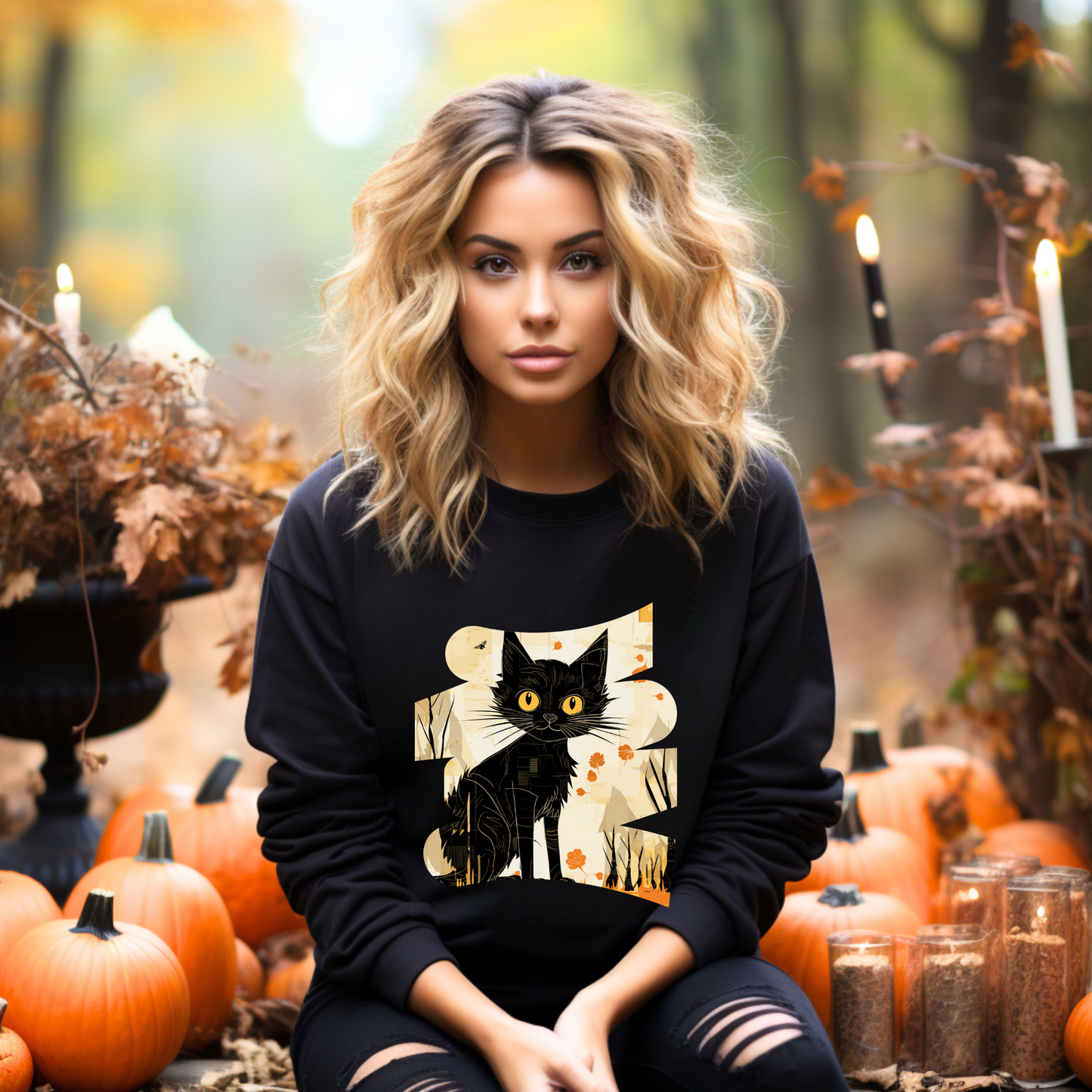 Explore our bewitching collection of Halloween sweatshirts, showcasing the mysterious allure of a black cat on the front.Sh