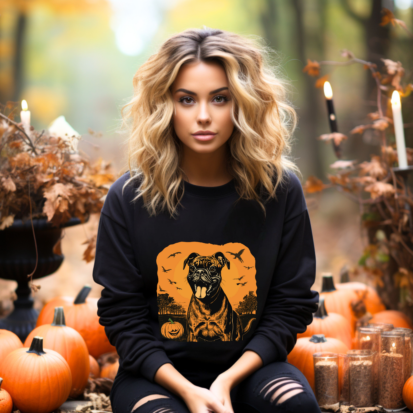 Explore our bewitching collection of Halloween sweatshirts, showcasing the mysterious allure of a boxer dog on the front.