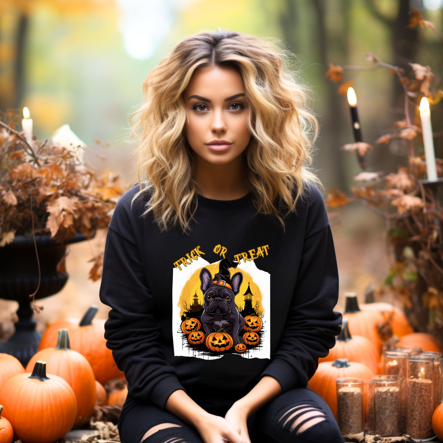 Explore our bewitching collection of Halloween sweatshirts, showcasing the mysterious allure of a French bull dog on the front.