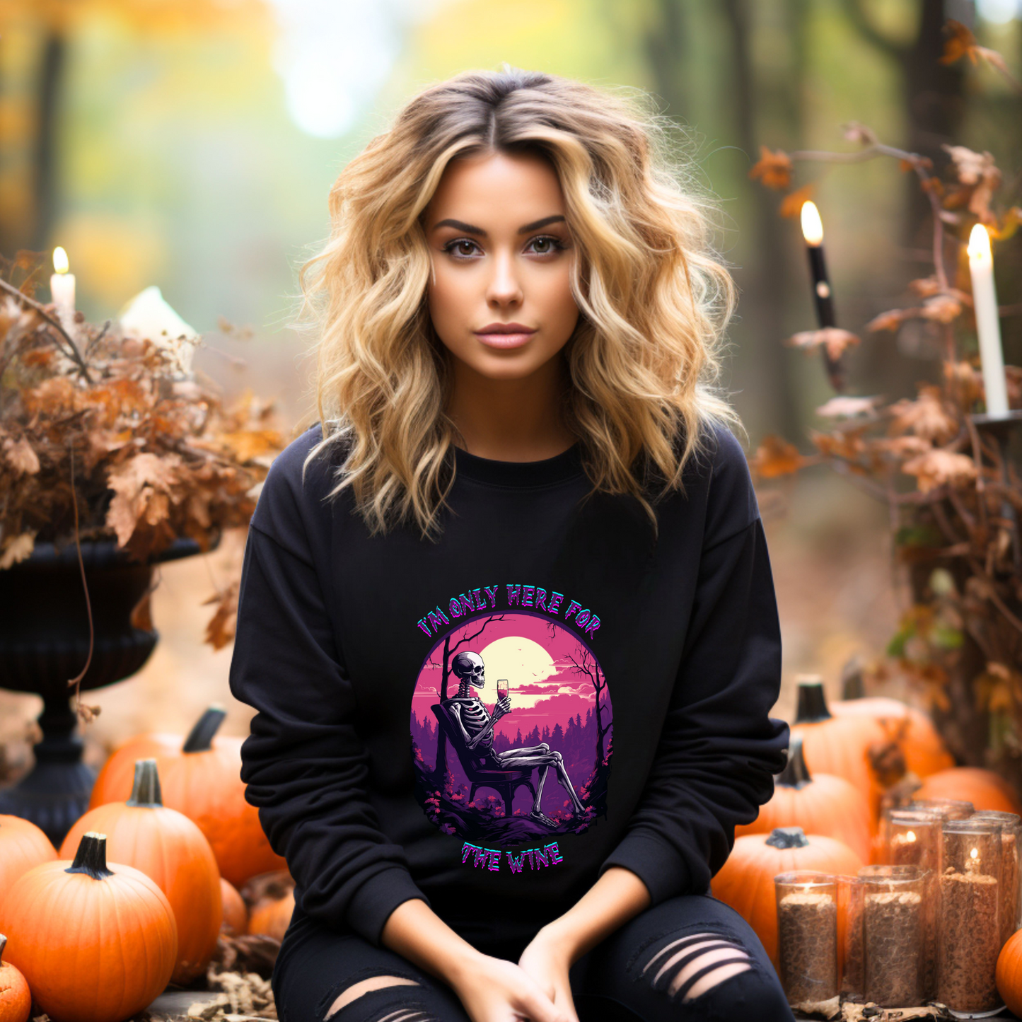 Explore our bewitching collection of Halloween sweatshirts, showcasing the mysterious allure of a drinking skeleton on the front.