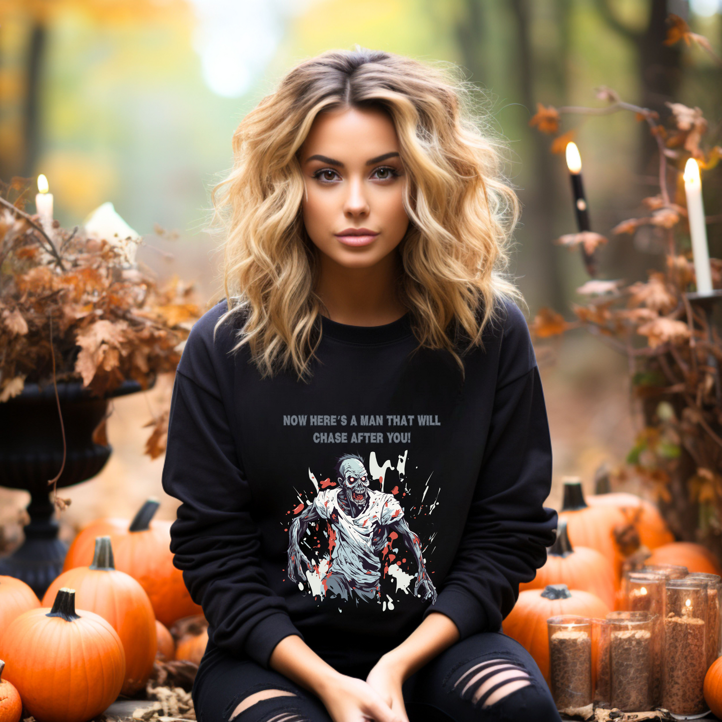 Explore our bewitching collection of Halloween sweatshirts, showcasing the mysterious allure of a zombie on the front.