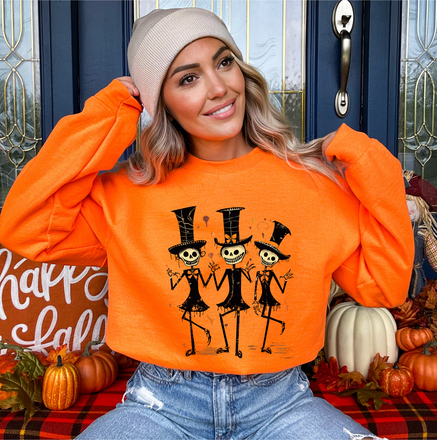 Explore our bewitching collection of Halloween sweatshirts, showcasing the mysterious allure of dancing skeletons on the front.