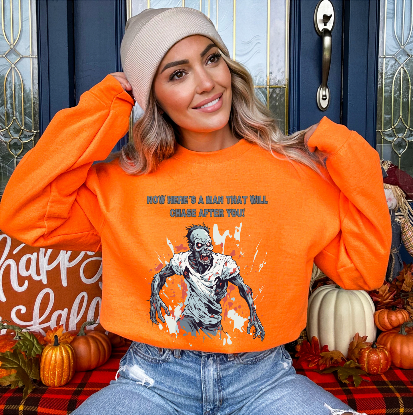 Explore our bewitching collection of Halloween sweatshirts, showcasing the mysterious allure of a zombie on the front.