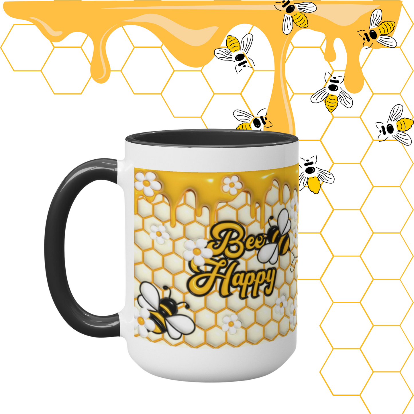 Buzzing with Inspiration:  Inflated Bee-Themed Inspirational Mugs – “Bee Happy”