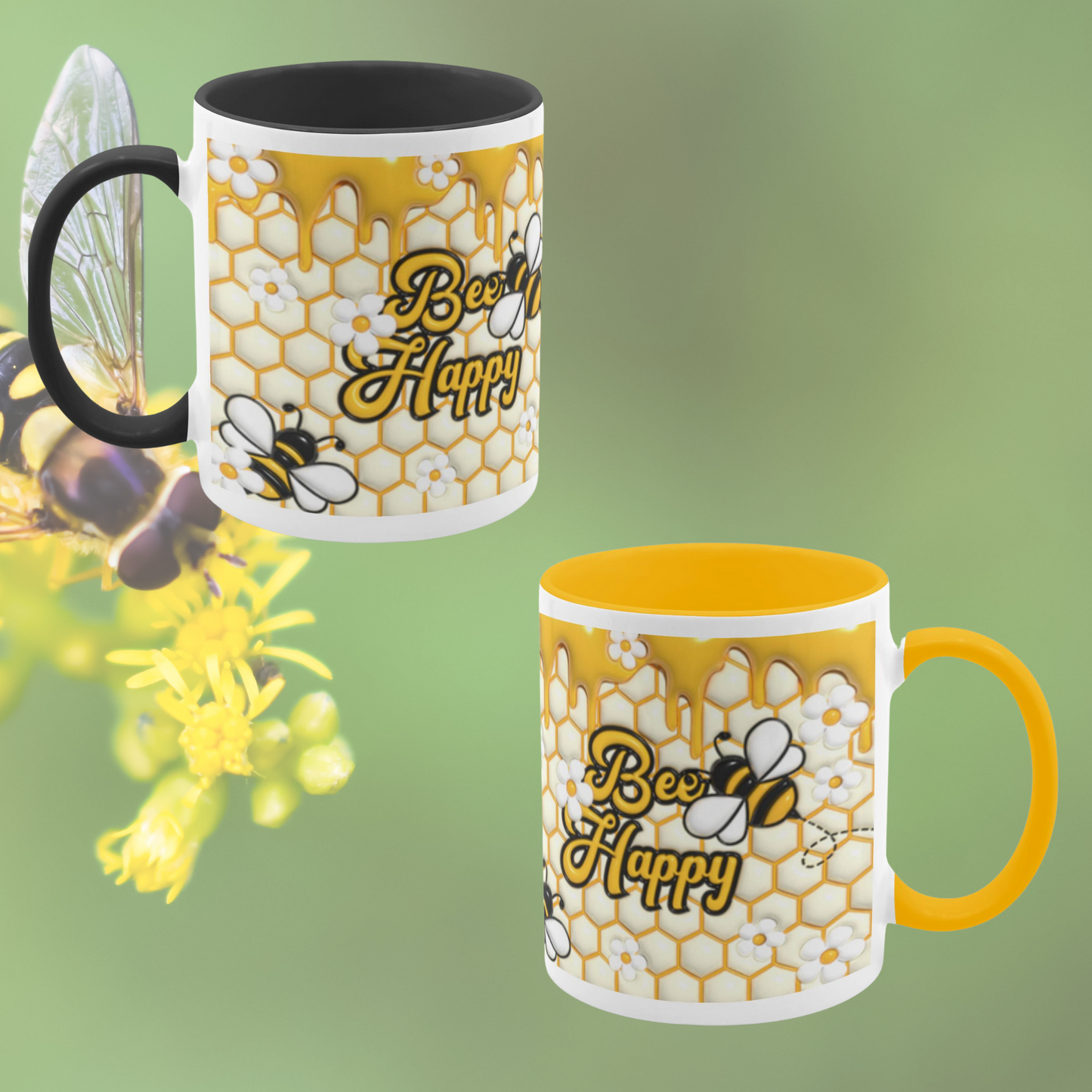 Buzzing with Inspiration:  Inflated Bee-Themed Inspirational Mugs – “Bee Happy”