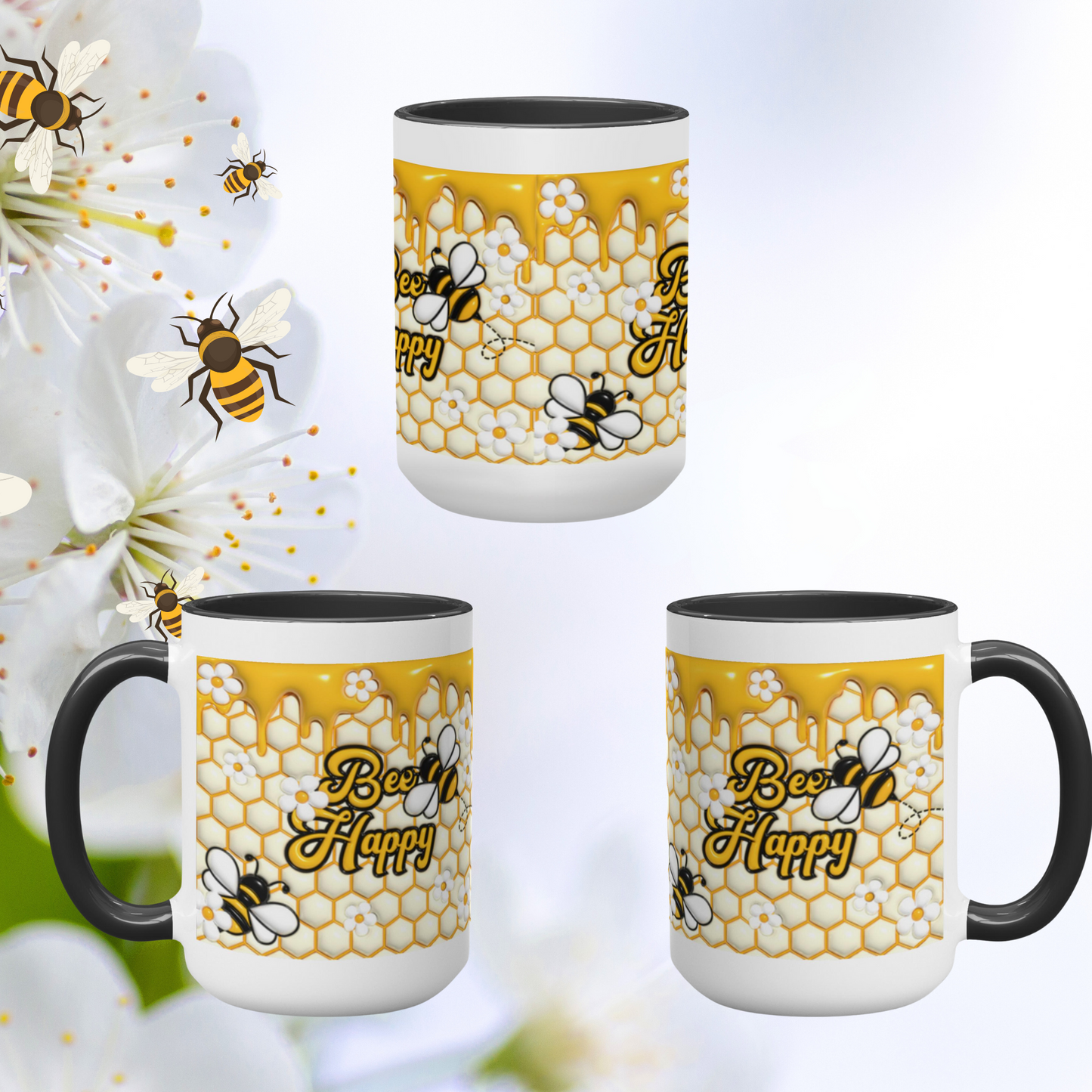 Buzzing with Inspiration:  Inflated Bee-Themed Inspirational Mugs – “Bee Happy”