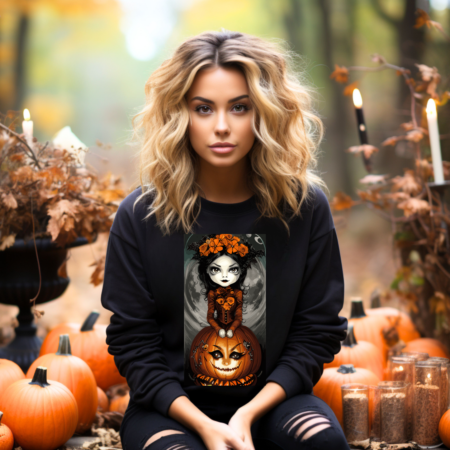 Explore our bewitching collection of Halloween sweatshirts, showcasing the mysterious allure of a Pretty Pumpkin Witch on the front.