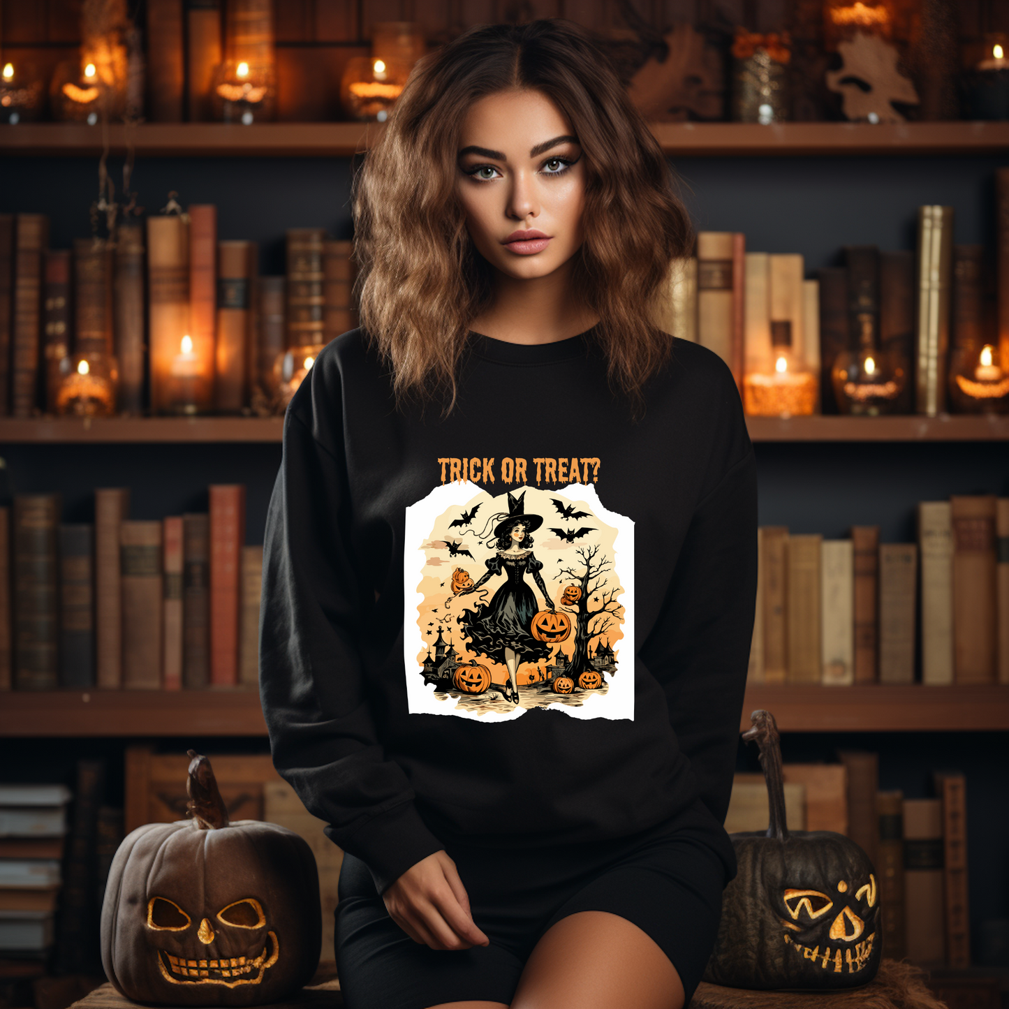 Explore our bewitching collection of Halloween sweatshirts, showcasing the mysterious allure of a witch on the front.