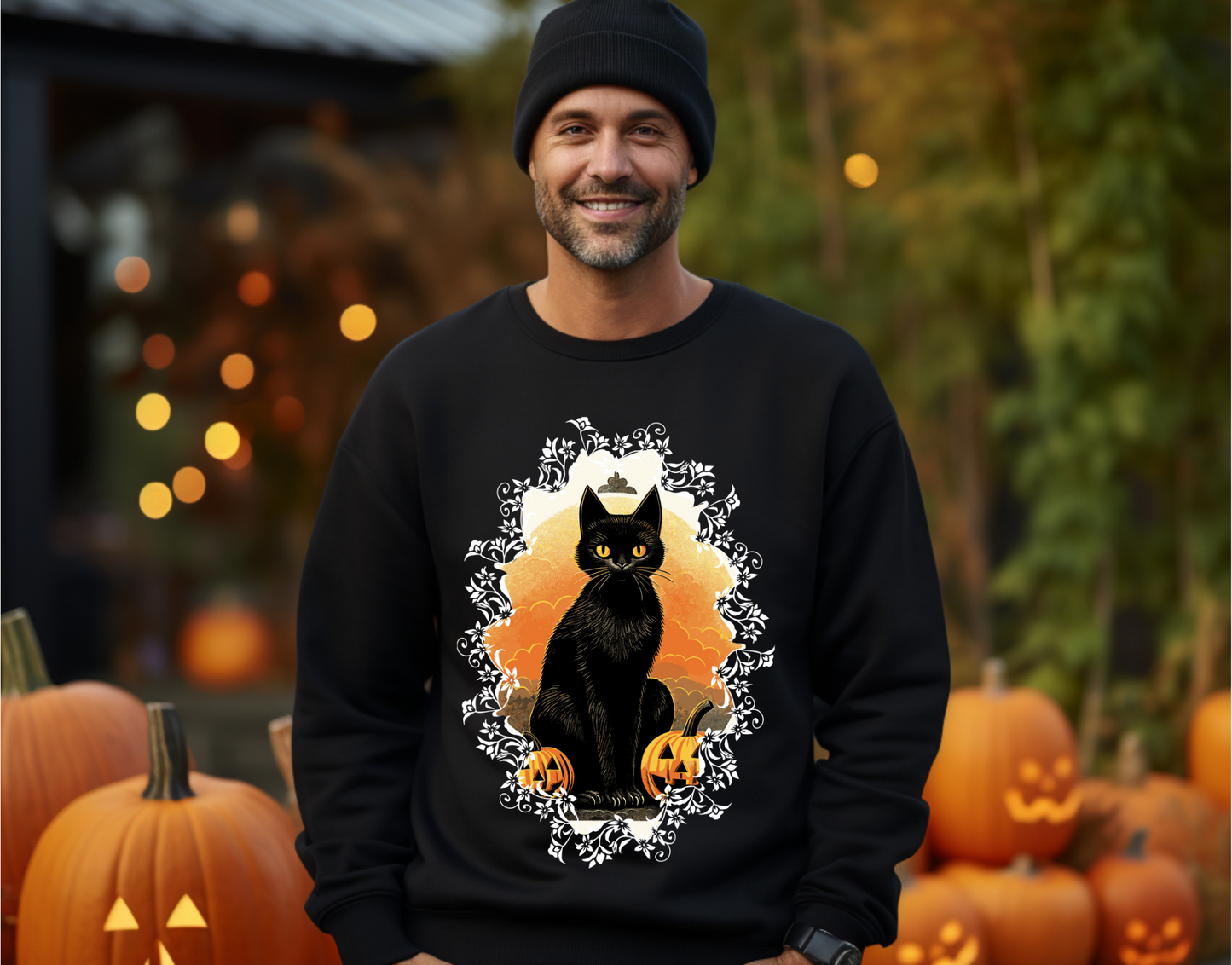 Explore our bewitching collection of Halloween sweatshirts, showcasing the mysterious allure of a black cat on the front.