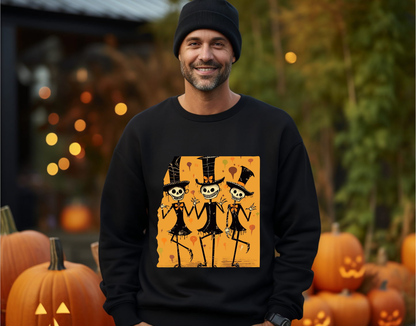 Explore our bewitching collection of Halloween sweatshirts, showcasing the mysterious allure of dancing skeletons on the front.