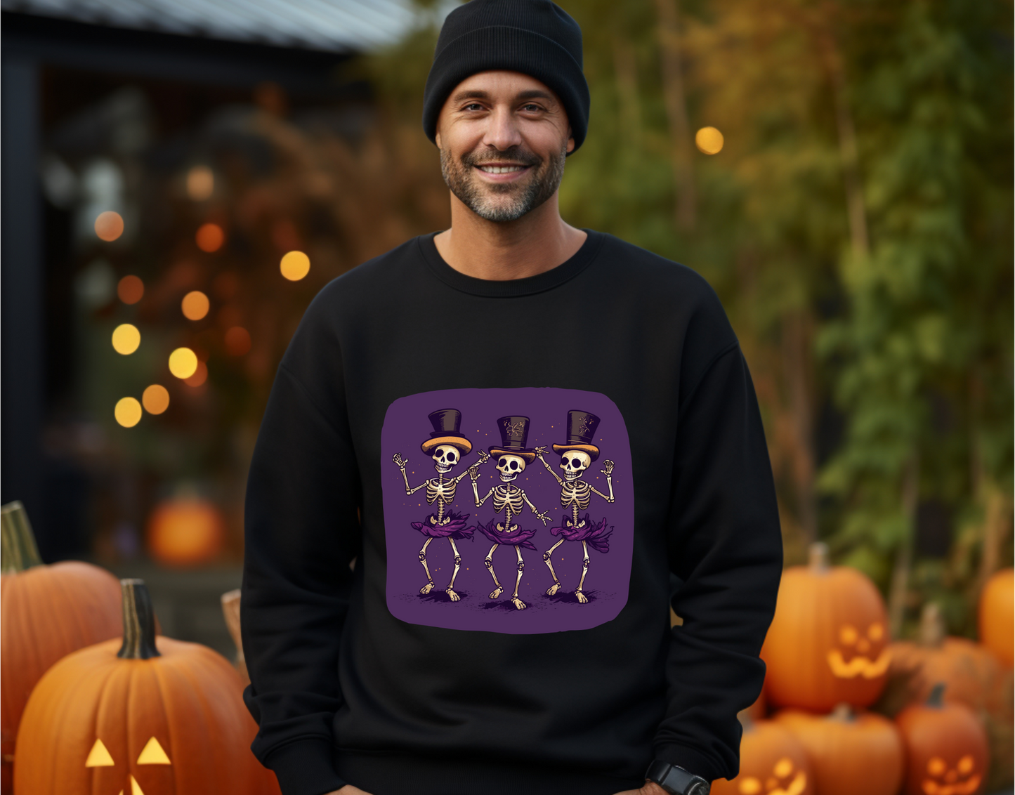 Explore our bewitching collection of Halloween sweatshirts, showcasing the mysterious allure of dancing skeletons on the front.