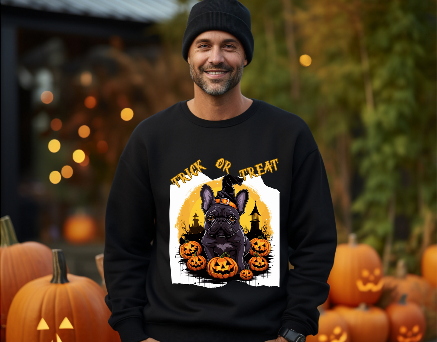 Explore our bewitching collection of Halloween sweatshirts, showcasing the mysterious allure of a French bull dog on the front.