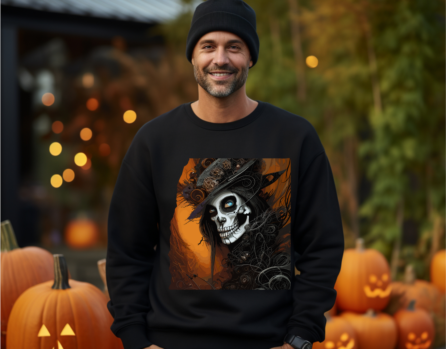 Explore our bewitching collection of Halloween sweatshirts, showcasing the mysterious allure of a Goth skeleton on the front.