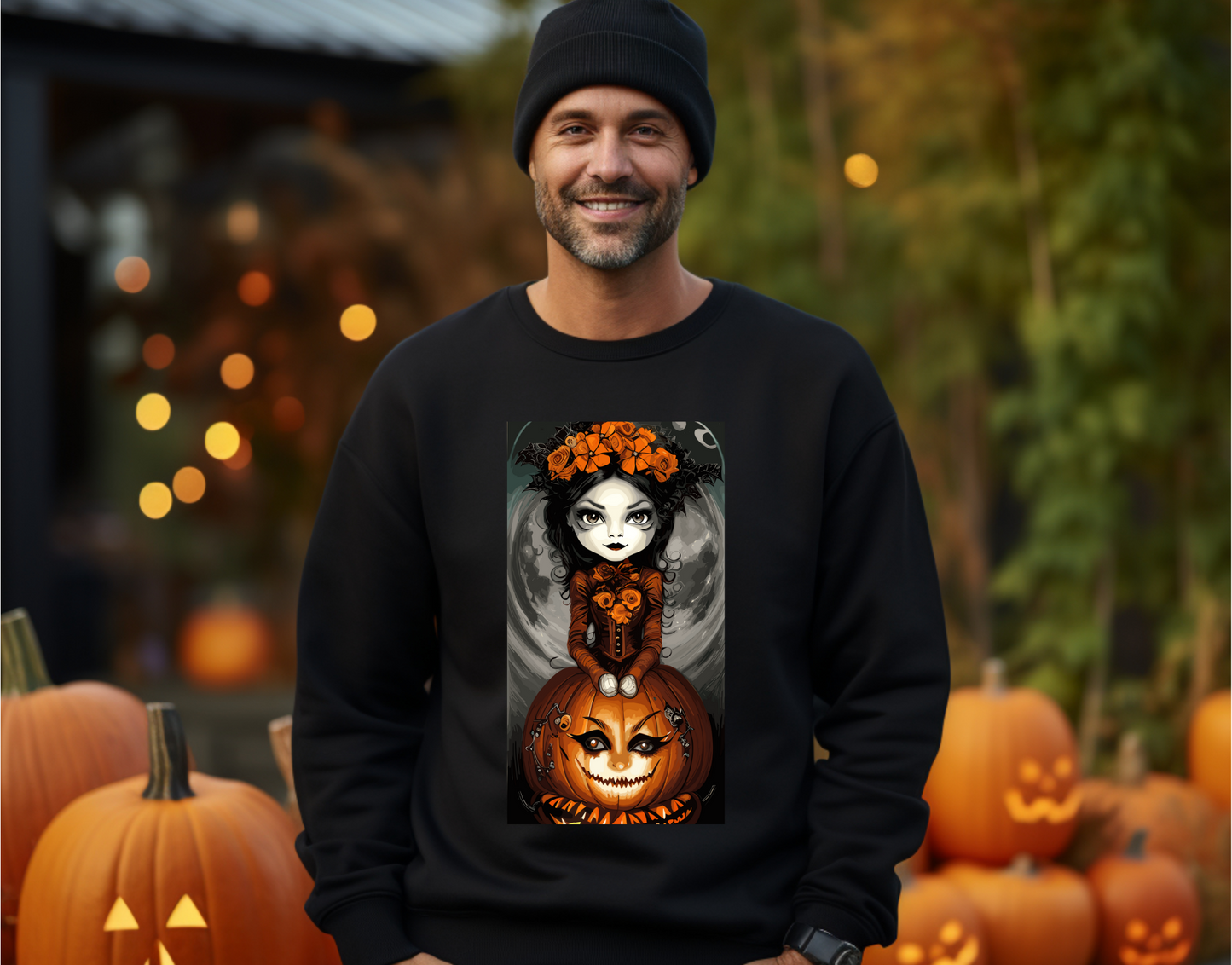 Explore our bewitching collection of Halloween sweatshirts, showcasing the mysterious allure of a Pretty Pumpkin Witch on the front.