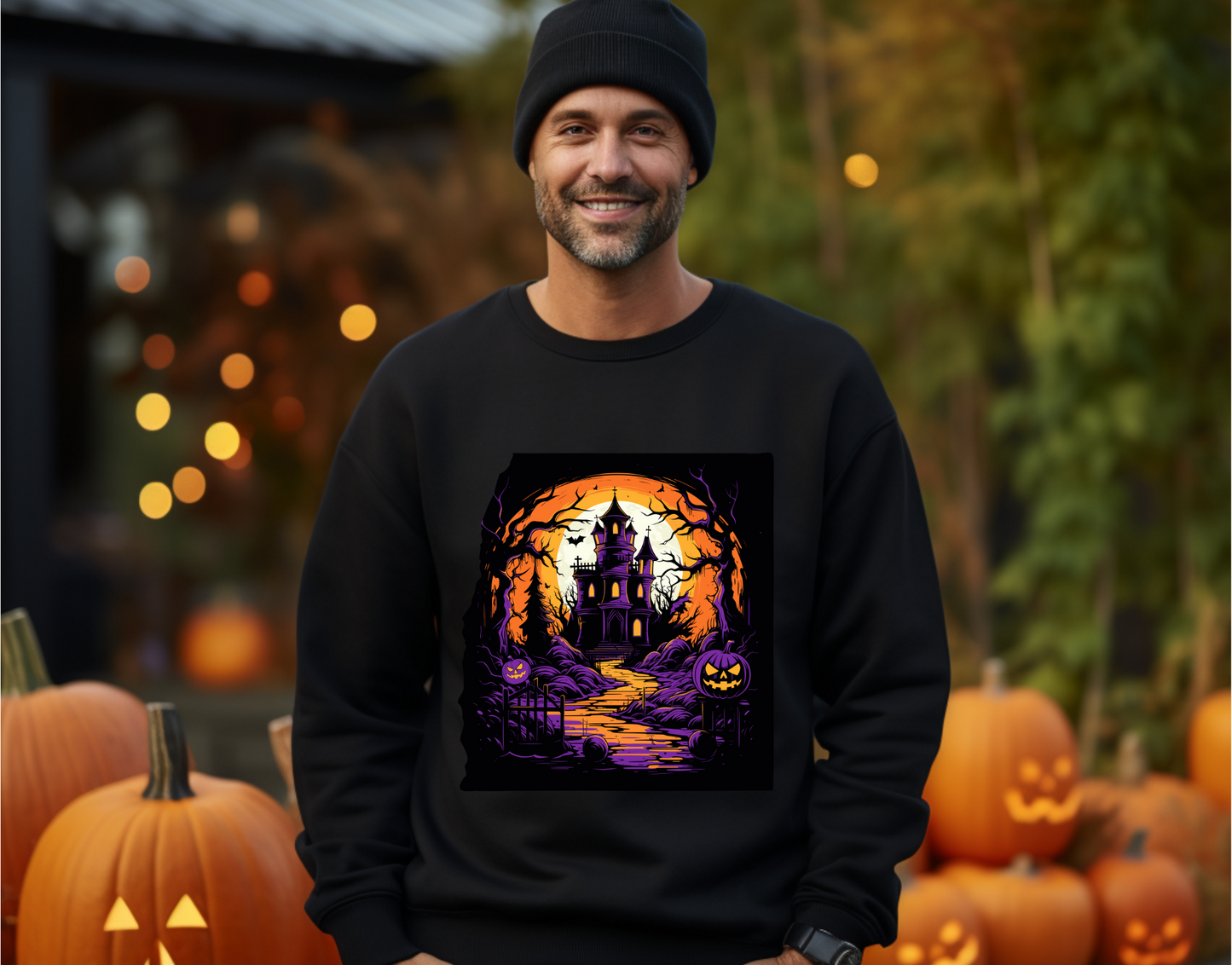 Explore our bewitching collection of Halloween sweatshirts, showcasing the mysterious allure of a haunted house on the front.
