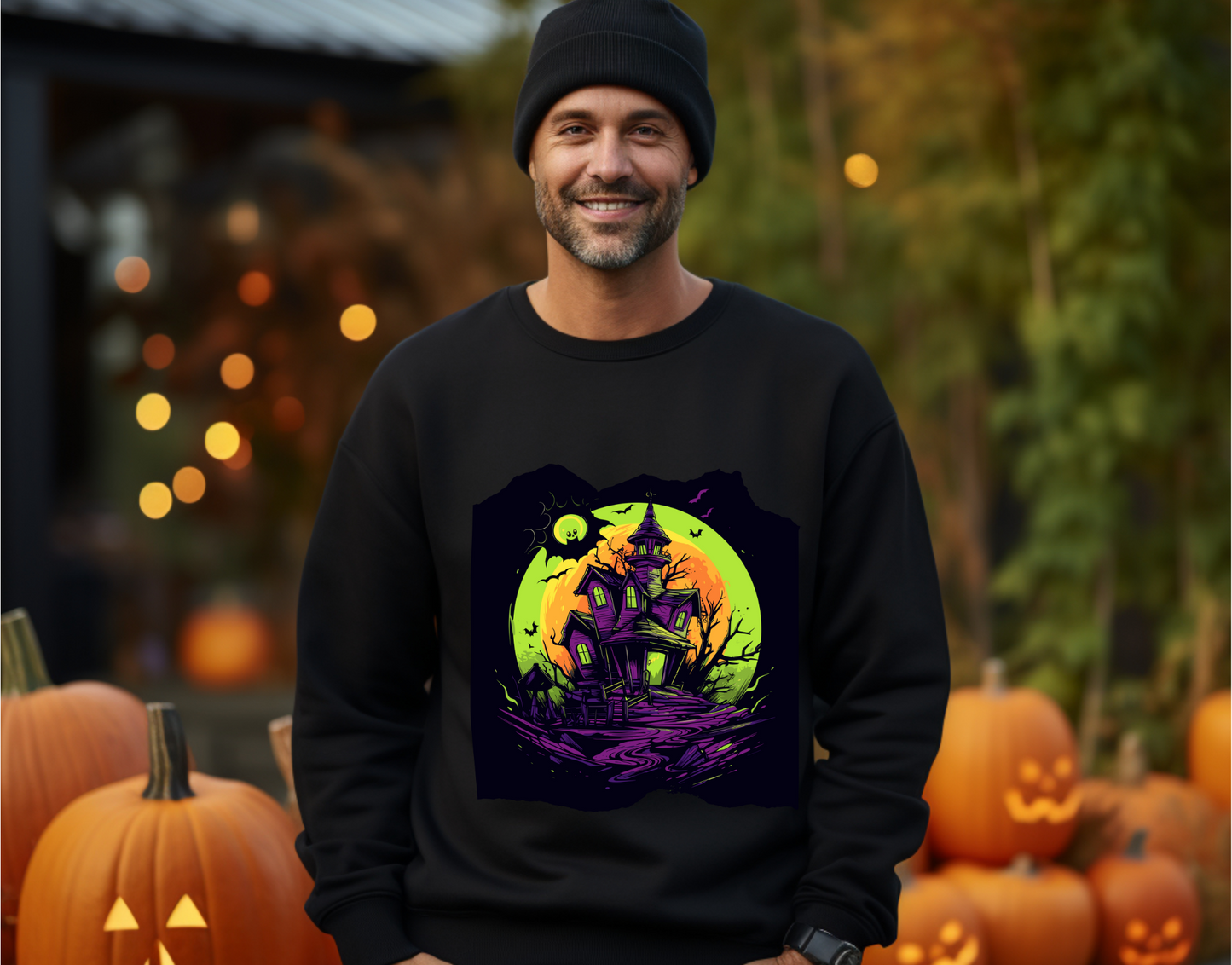 Explore our bewitching collection of Halloween sweatshirts, showcasing the mysterious allure of a haunted house on the front.