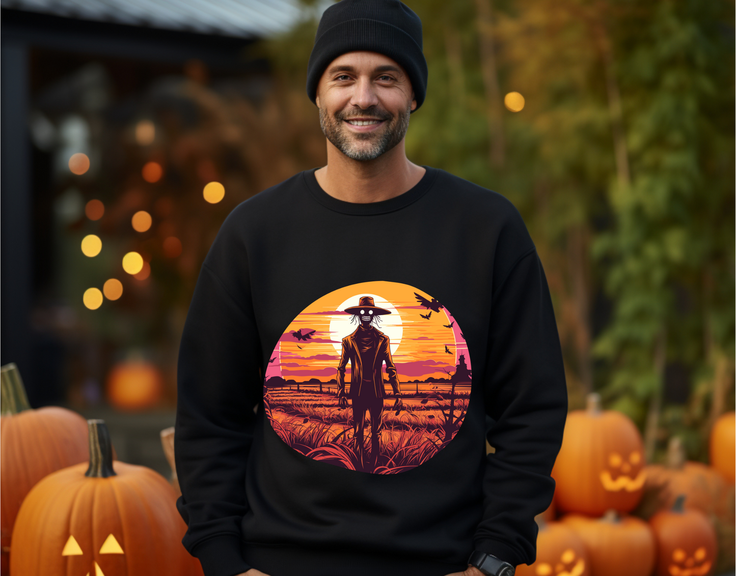 Explore our bewitching collection of Halloween sweatshirts, showcasing the mysterious allure of a scarecrow on the front.