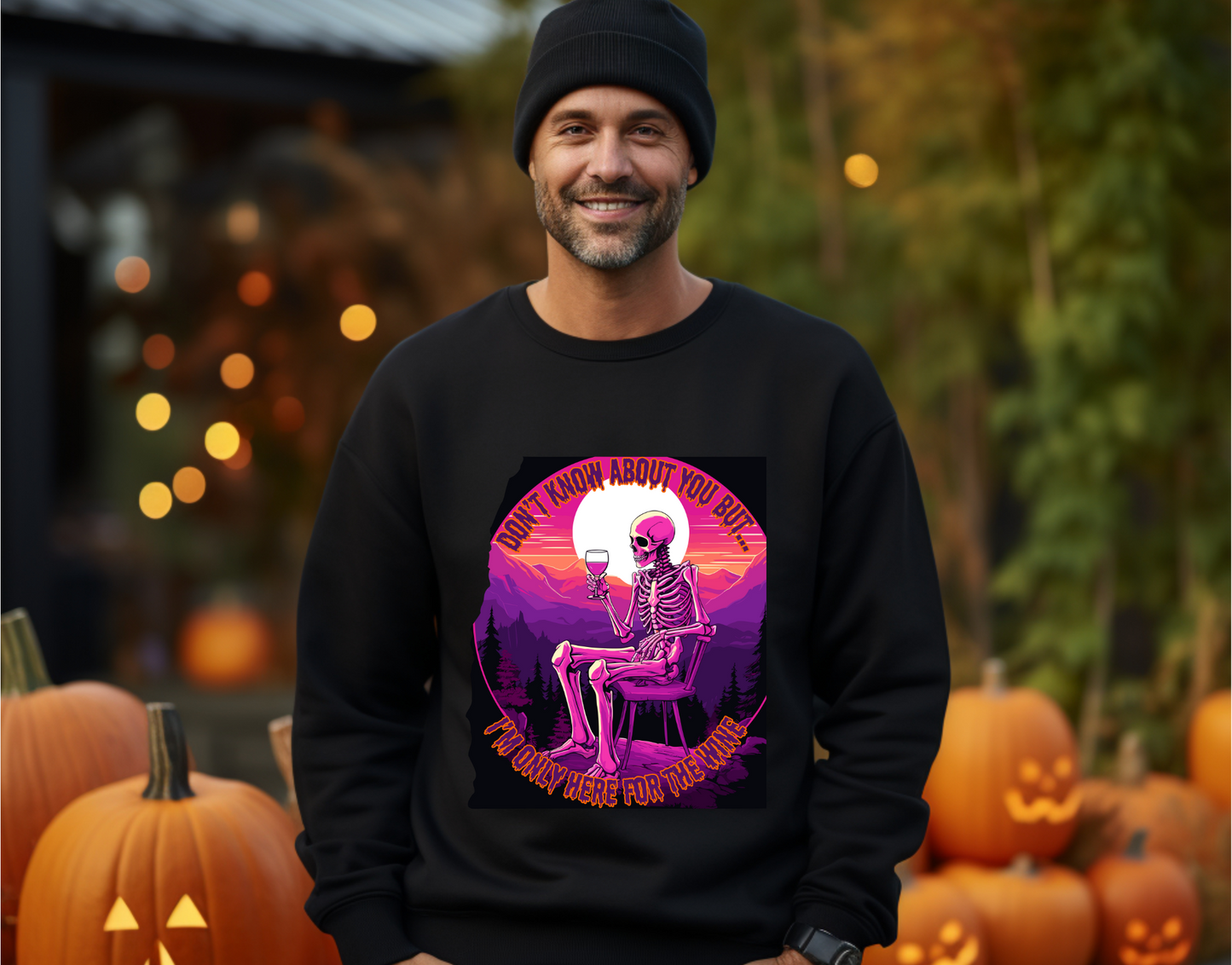 Explore our bewitching collection of Halloween sweatshirts, showcasing the mysterious allure of a drinking skeleton on the front.