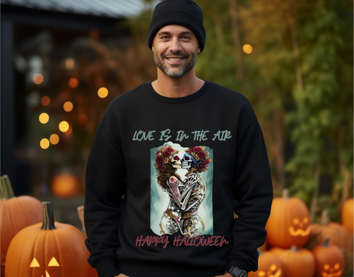 Explore our bewitching collection of Halloween sweatshirts, showcasing the mysterious allure of a skeleton lovers on the front.