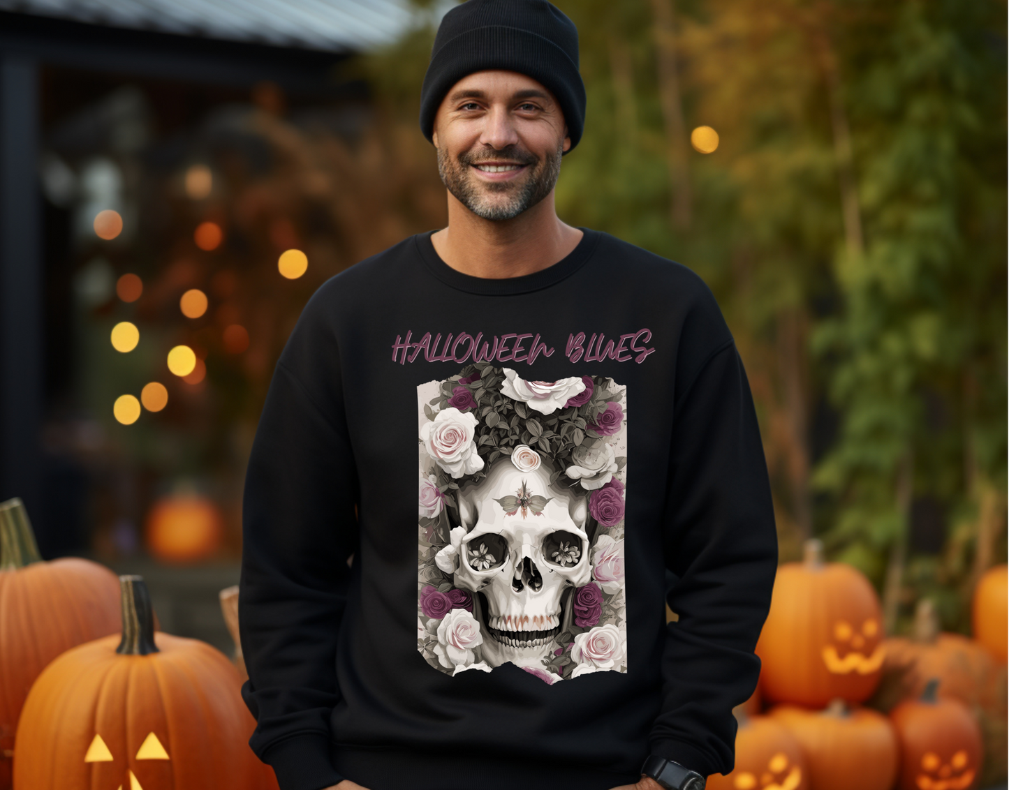 Explore our bewitching collection of Halloween sweatshirts, showcasing the mysterious allure of a skull and roses on the front.