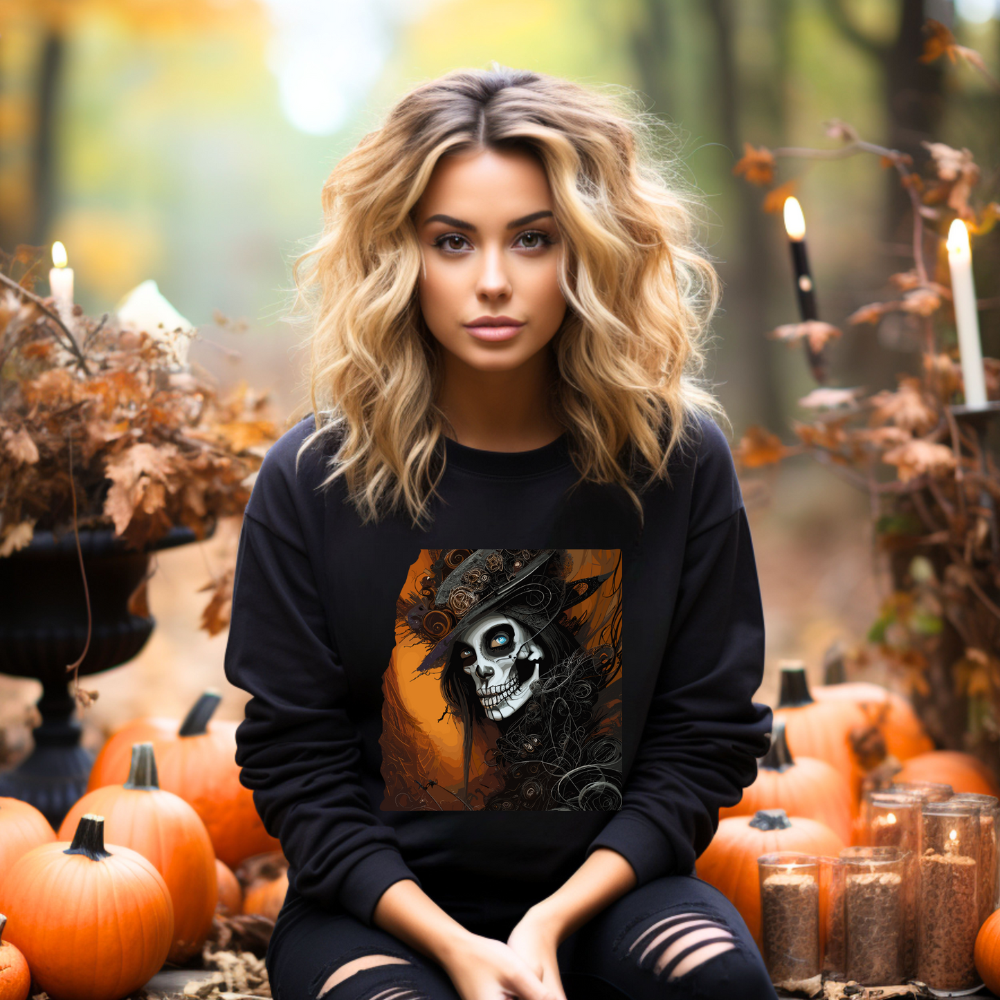 Explore our bewitching collection of Halloween sweatshirts, showcasing the mysterious allure of a Goth skeleton on the front.