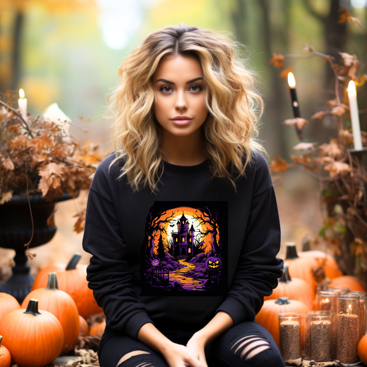 Explore our bewitching collection of Halloween sweatshirts, showcasing the mysterious allure of a haunted house on the front.