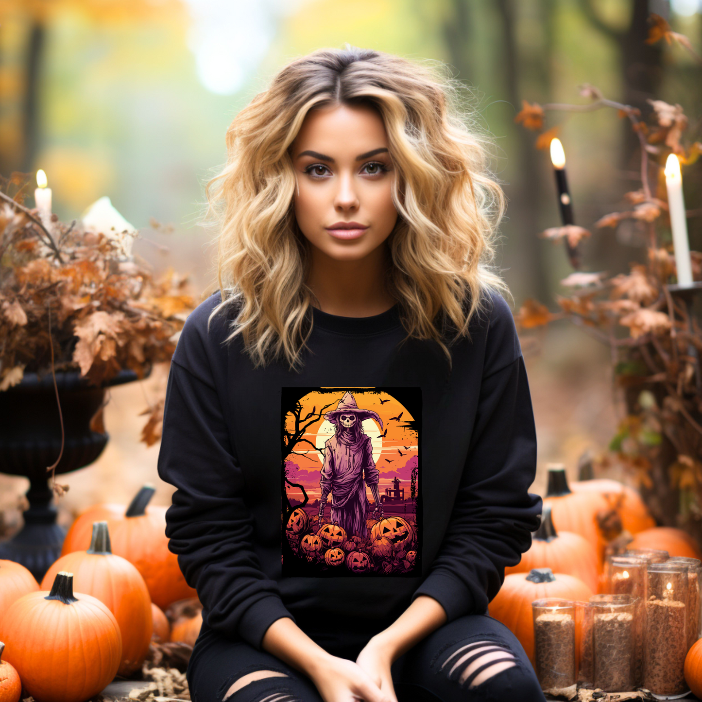 Explore our bewitching collection of Halloween sweatshirts, showcasing the mysterious allure of a Scarecrow on the front.