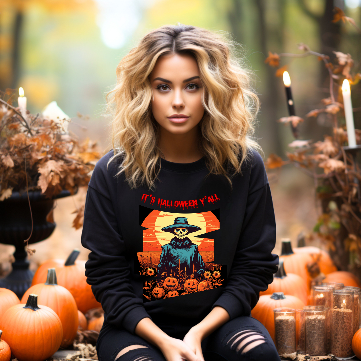 Explore our bewitching collection of Halloween sweatshirts, showcasing the mysterious allure of a Scarecrow on the front.