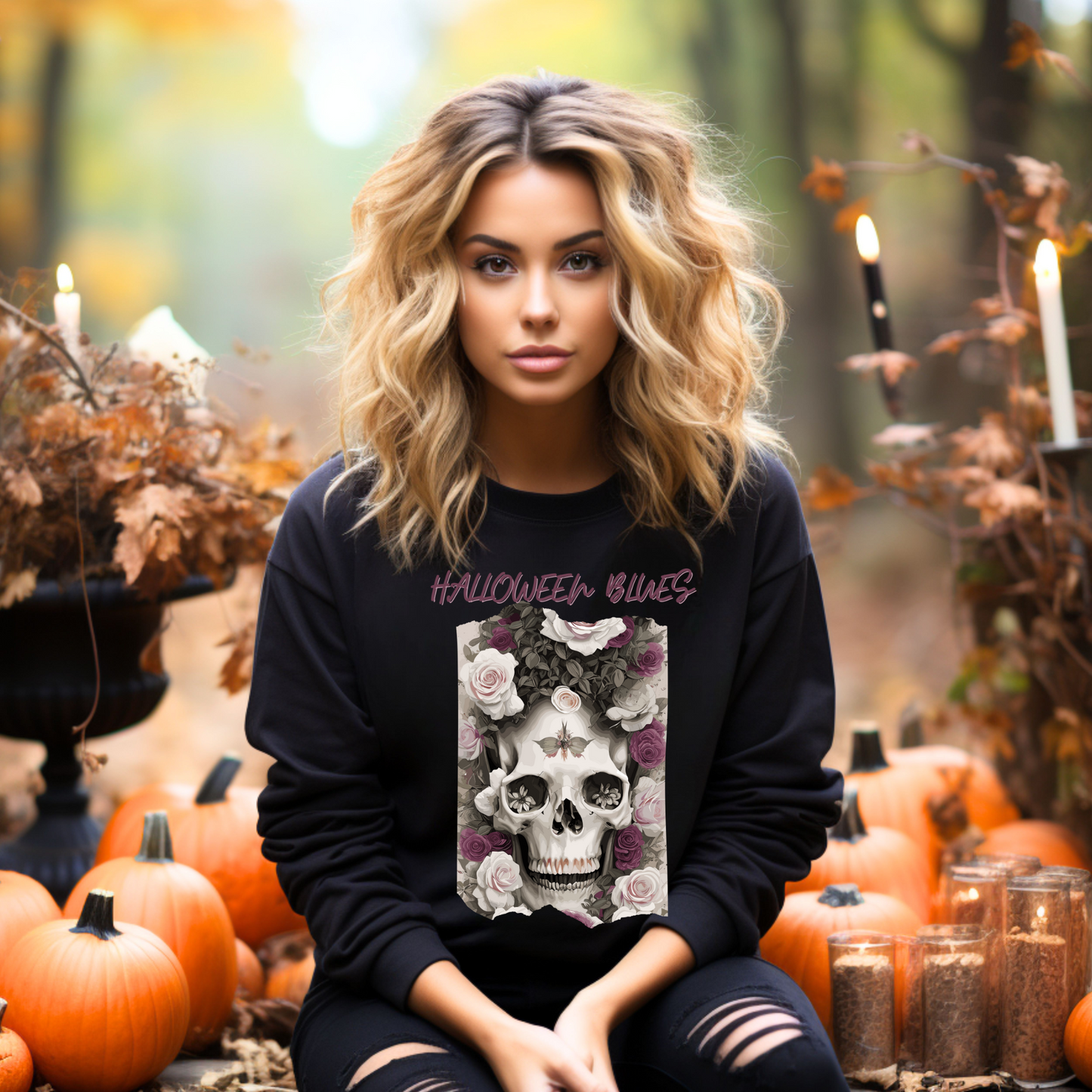 Explore our bewitching collection of Halloween sweatshirts, showcasing the mysterious allure of a skull and roses on the front.