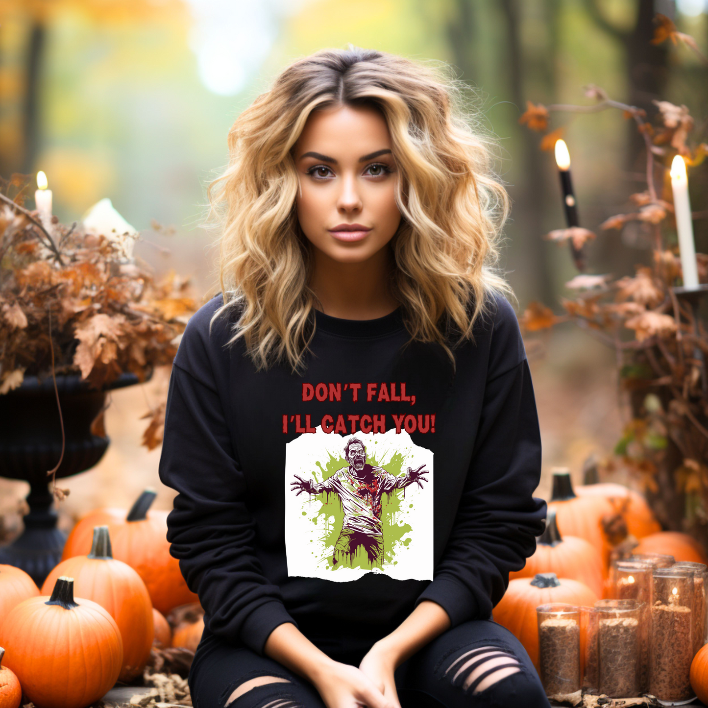 Explore our bewitching collection of Halloween sweatshirts, showcasing the mysterious allure of a zombie on the front.