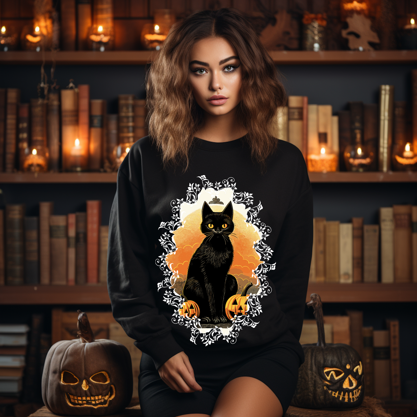 Explore our bewitching collection of Halloween sweatshirts, showcasing the mysterious allure of a black cat on the front.