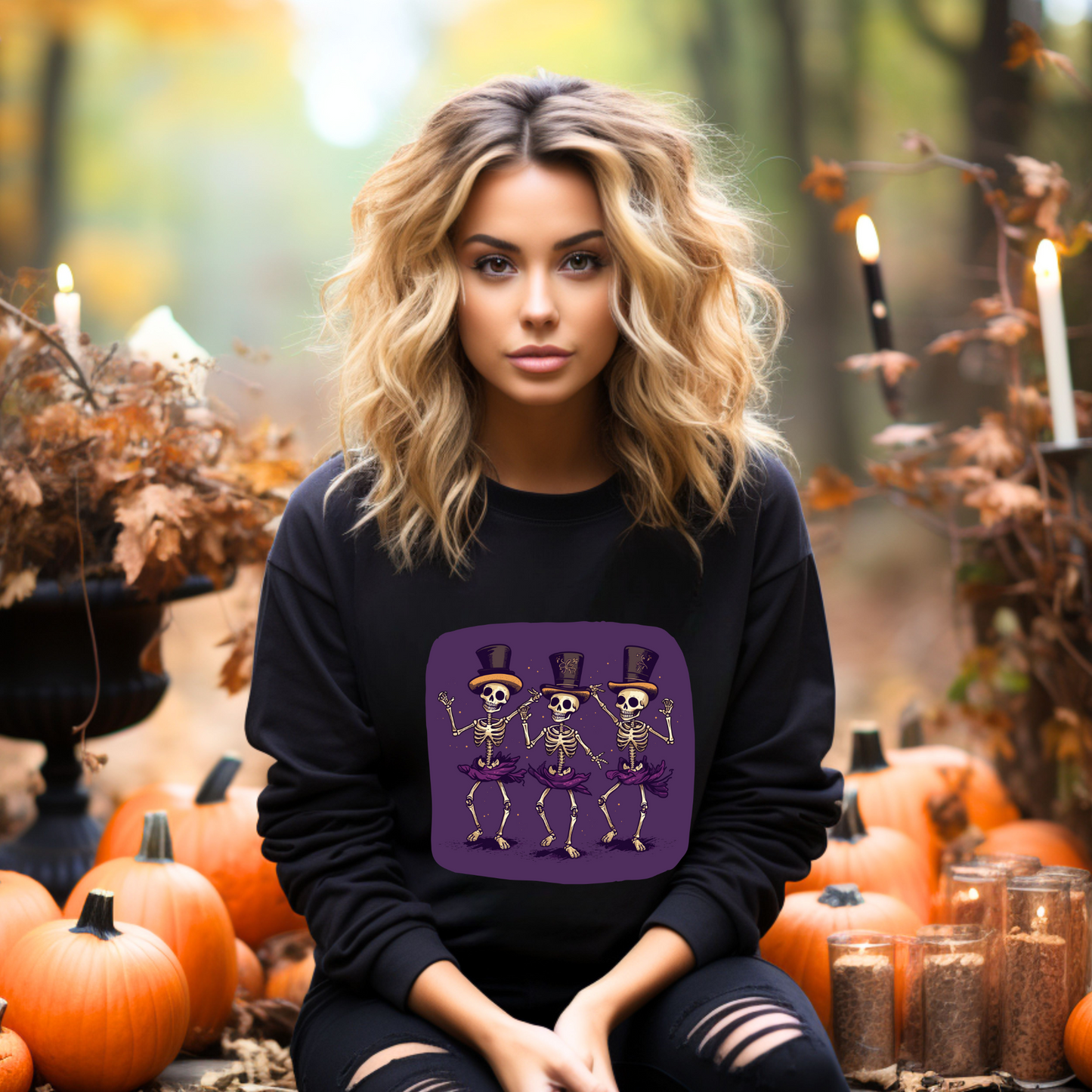 Explore our bewitching collection of Halloween sweatshirts, showcasing the mysterious allure of dancing skeletons on the front.