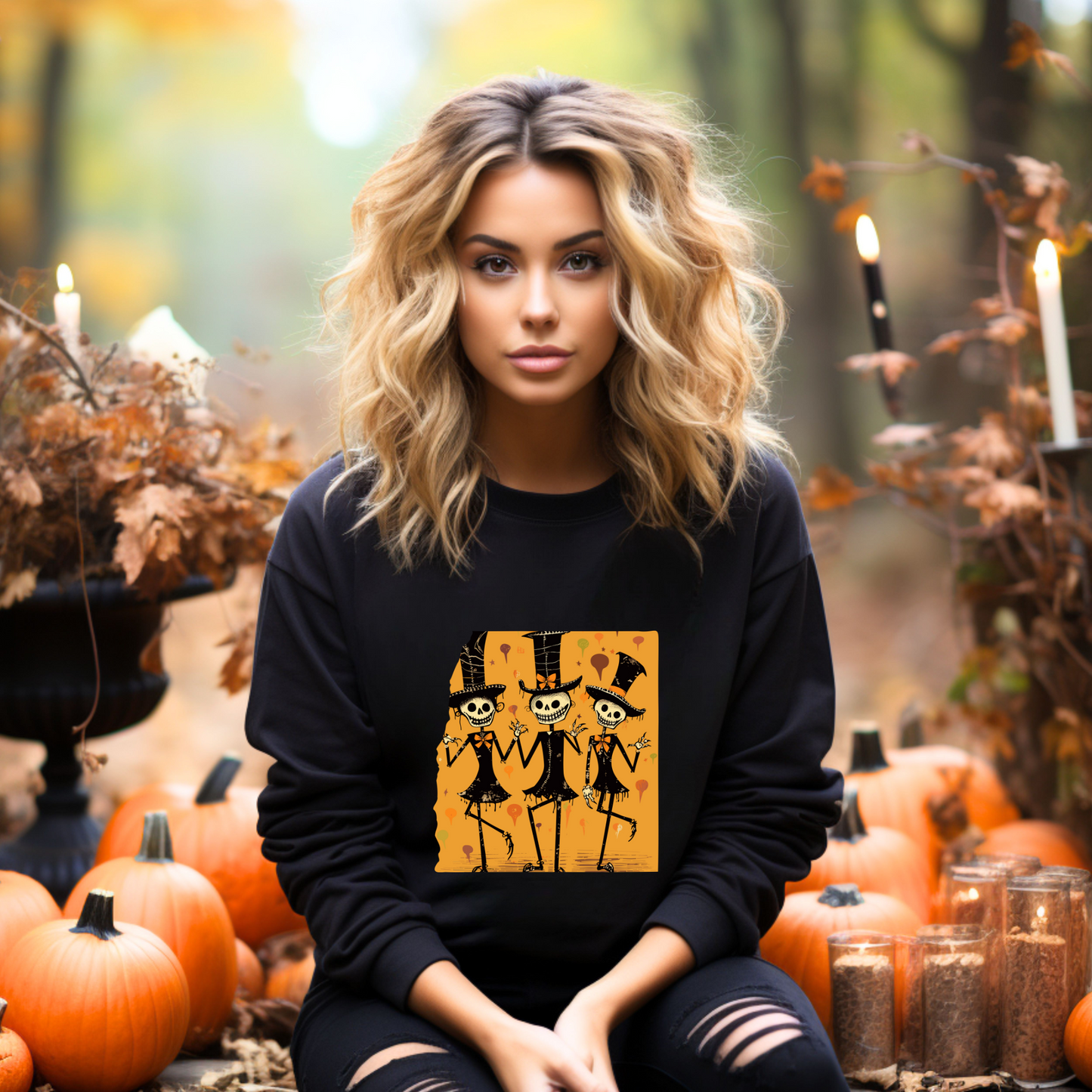 Explore our bewitching collection of Halloween sweatshirts, showcasing the mysterious allure of dancing skeletons on the front.