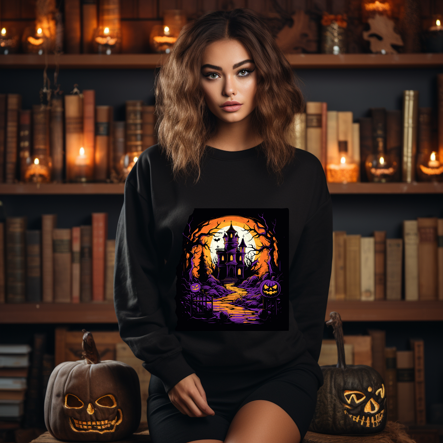 Explore our bewitching collection of Halloween sweatshirts, showcasing the mysterious allure of a haunted house on the front.