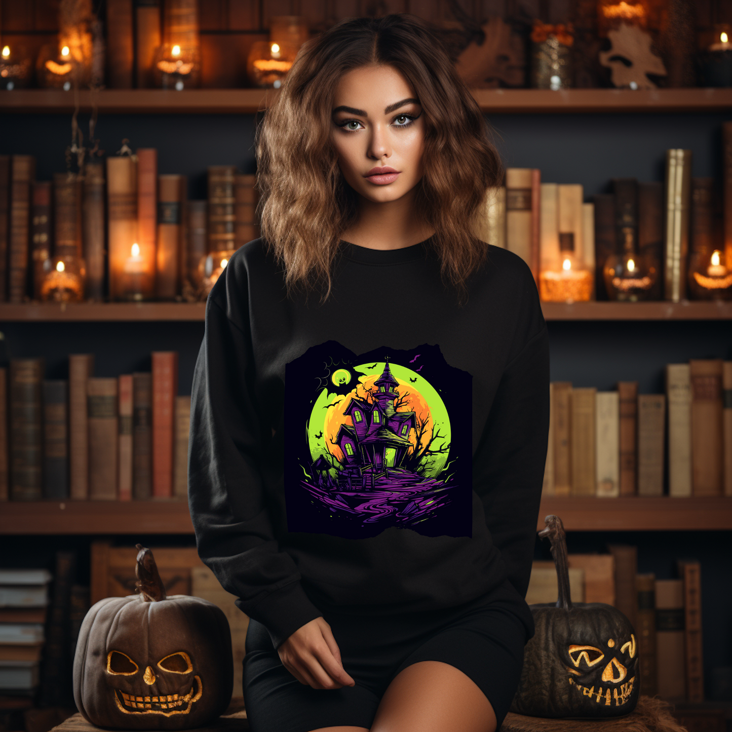 Explore our bewitching collection of Halloween sweatshirts, showcasing the mysterious allure of a haunted house on the front.