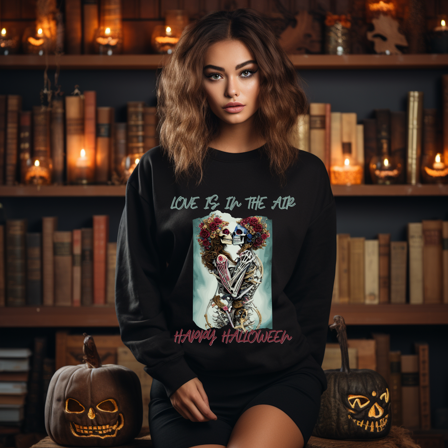 Explore our bewitching collection of Halloween sweatshirts, showcasing the mysterious allure of a skeleton lovers on the front.