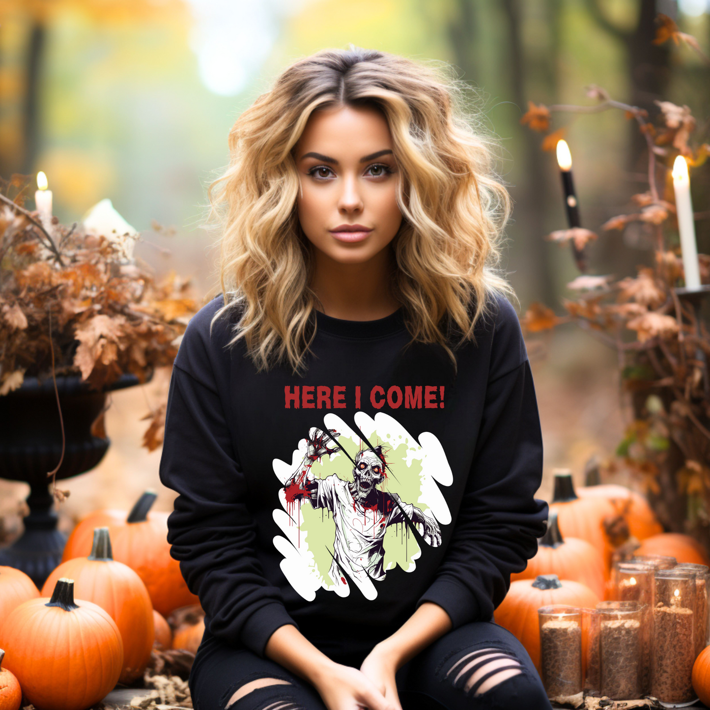 Explore our bewitching collection of Halloween sweatshirts, showcasing the mysterious allure of a zombie on the front.