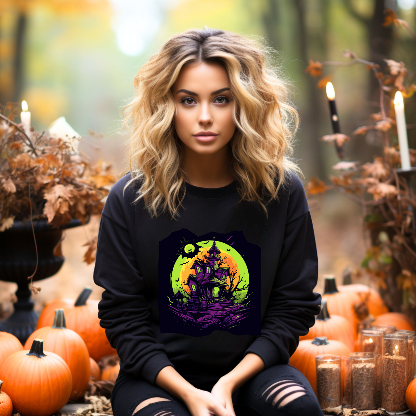 Explore our bewitching collection of Halloween sweatshirts, showcasing the mysterious allure of a haunted house on the front.