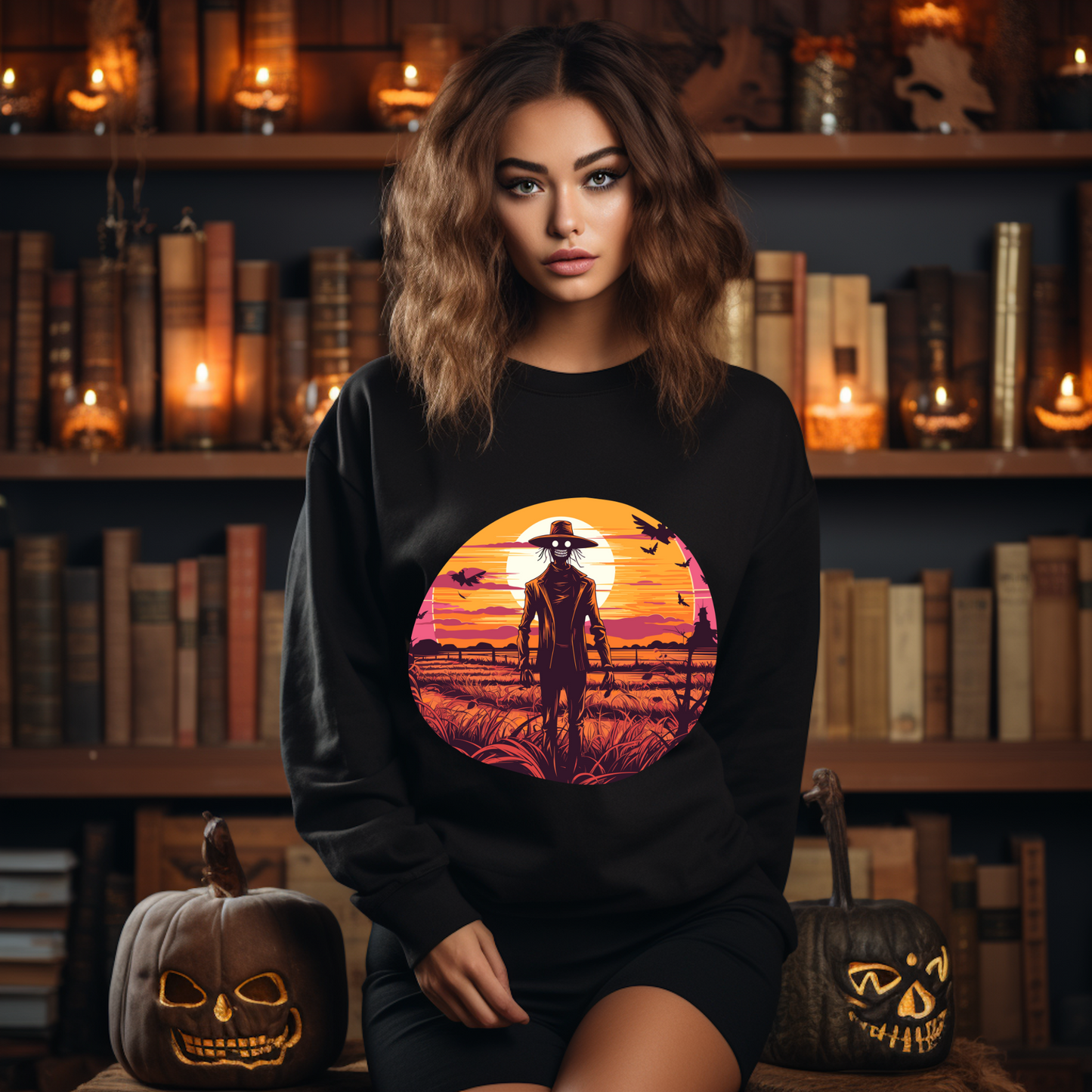 Explore our bewitching collection of Halloween sweatshirts, showcasing the mysterious allure of a scarecrow on the front.