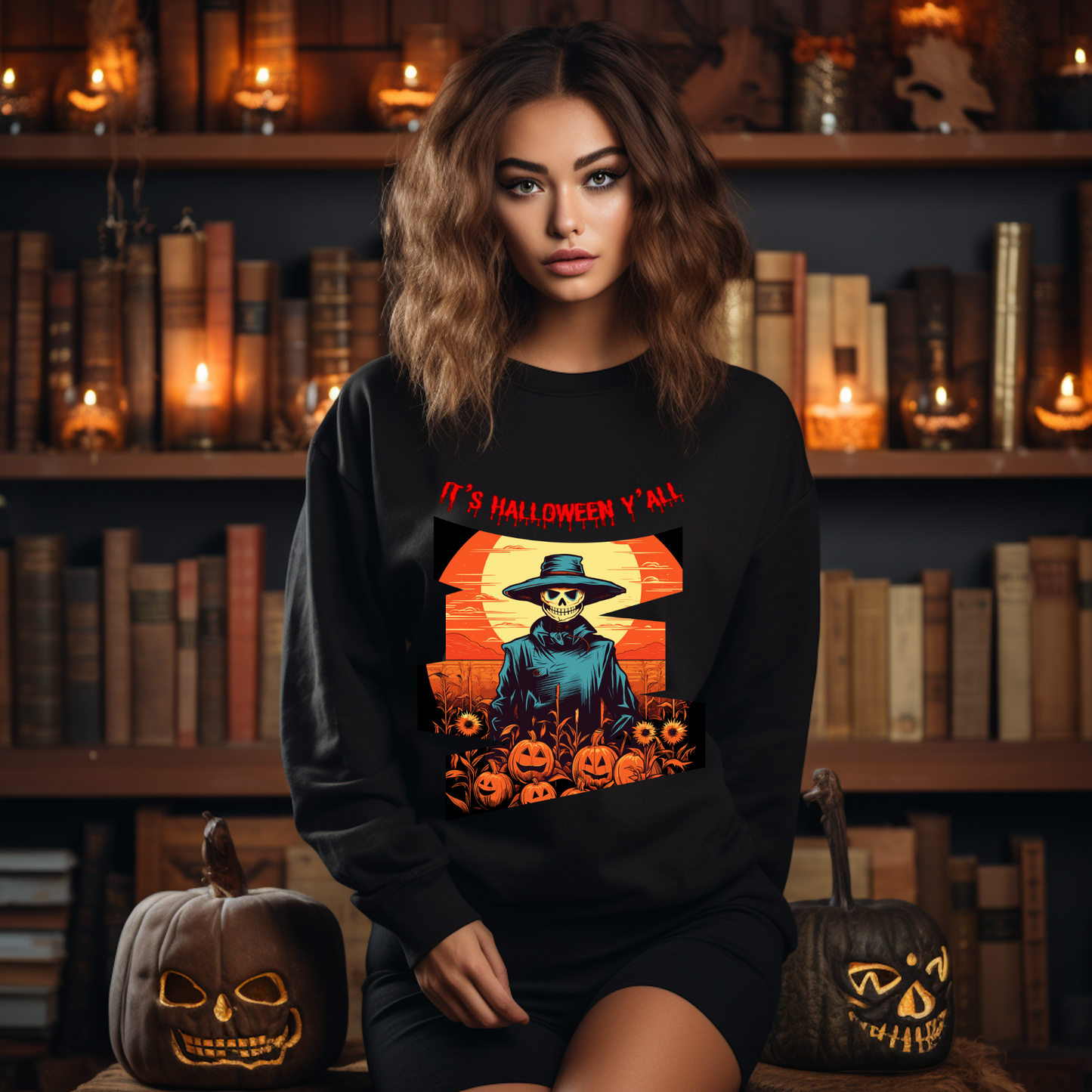 Explore our bewitching collection of Halloween sweatshirts, showcasing the mysterious allure of a Scarecrow on the front.