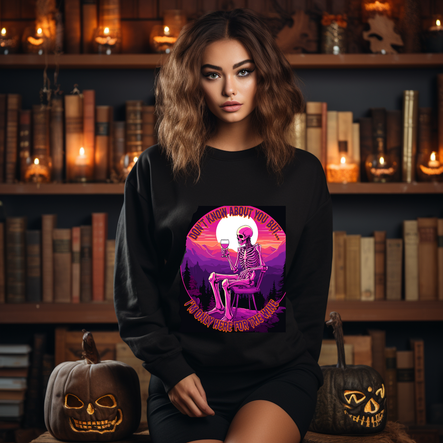 Explore our bewitching collection of Halloween sweatshirts, showcasing the mysterious allure of a drinking skeleton on the front.