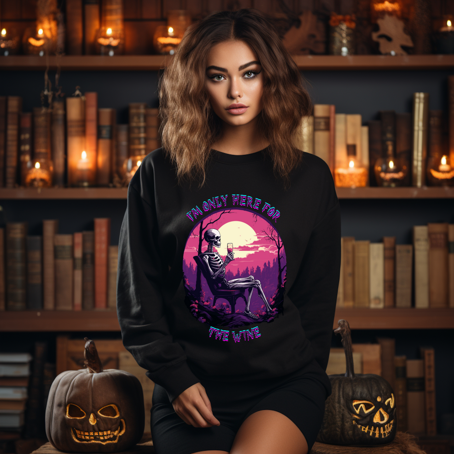 Explore our bewitching collection of Halloween sweatshirts, showcasing the mysterious allure of a drinking skeleton on the front.