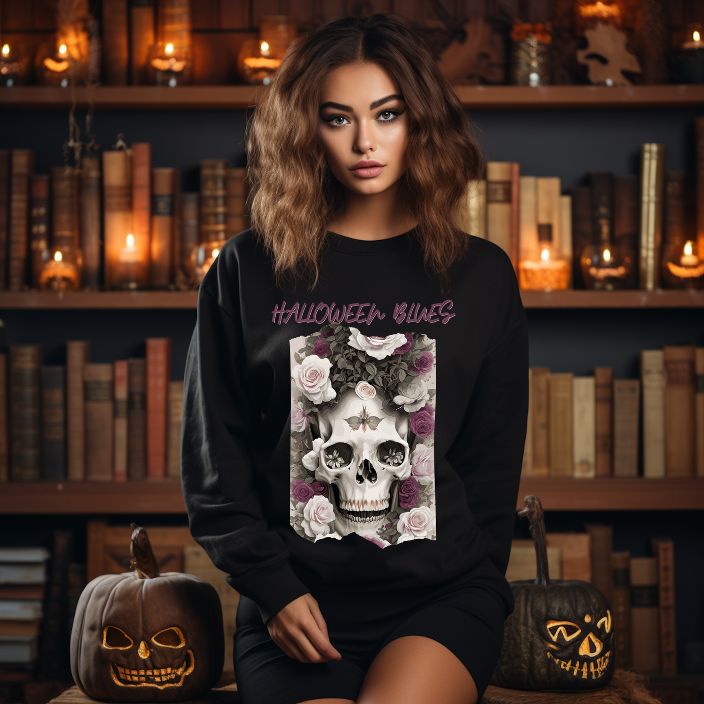 Explore our bewitching collection of Halloween sweatshirts, showcasing the mysterious allure of a skull and roses on the front.