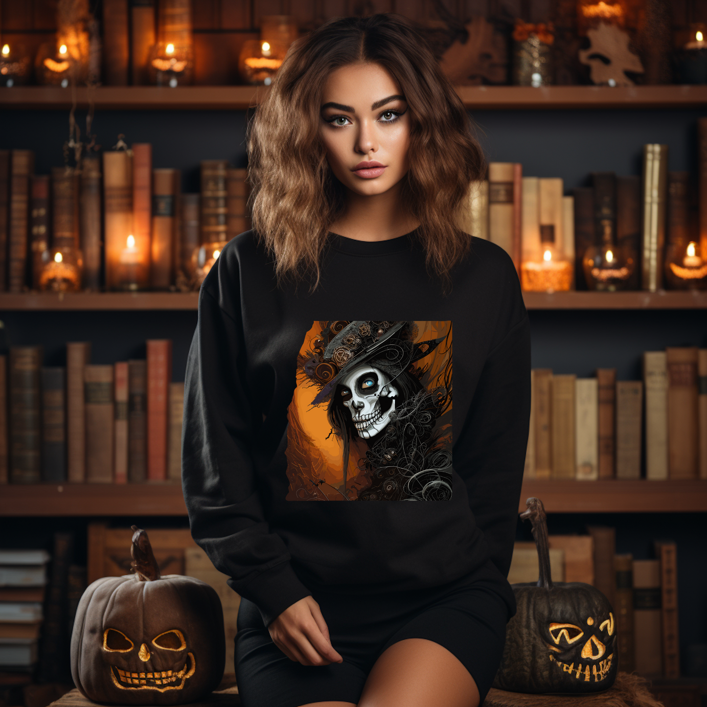 Explore our bewitching collection of Halloween sweatshirts, showcasing the mysterious allure of a Goth skeleton on the front.