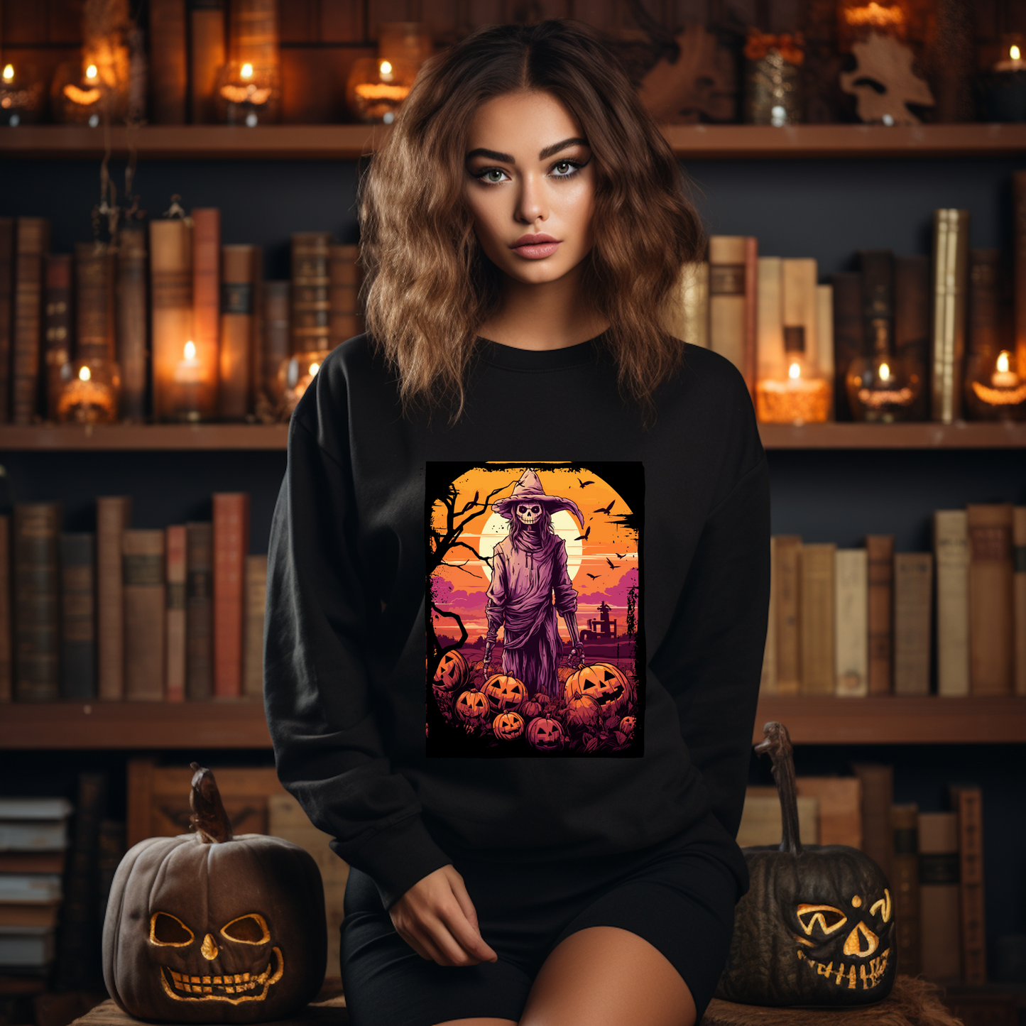 Explore our bewitching collection of Halloween sweatshirts, showcasing the mysterious allure of a Scarecrow on the front.