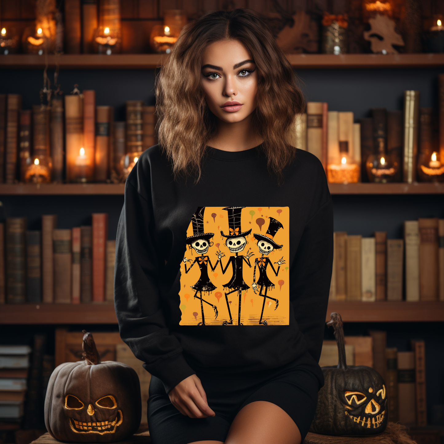 Explore our bewitching collection of Halloween sweatshirts, showcasing the mysterious allure of dancing skeletons on the front.