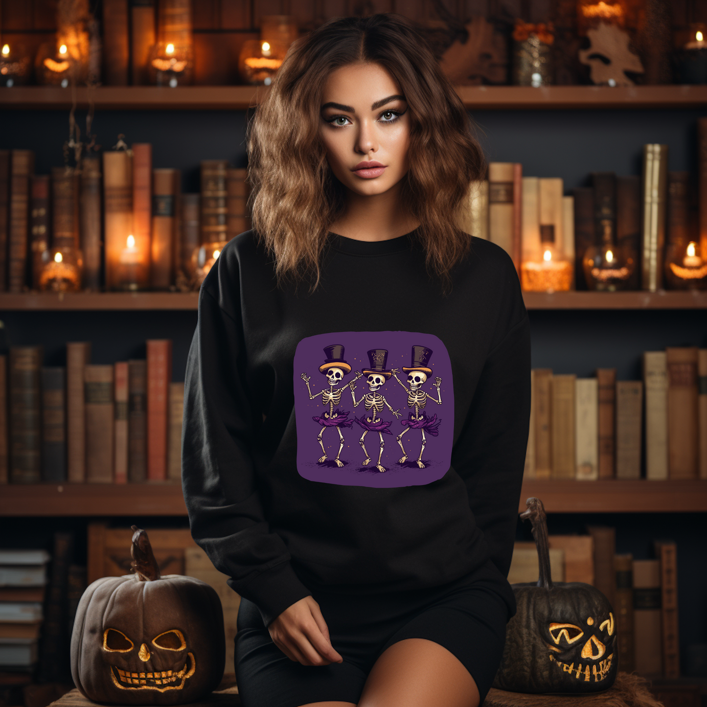 Explore our bewitching collection of Halloween sweatshirts, showcasing the mysterious allure of dancing skeletons on the front.